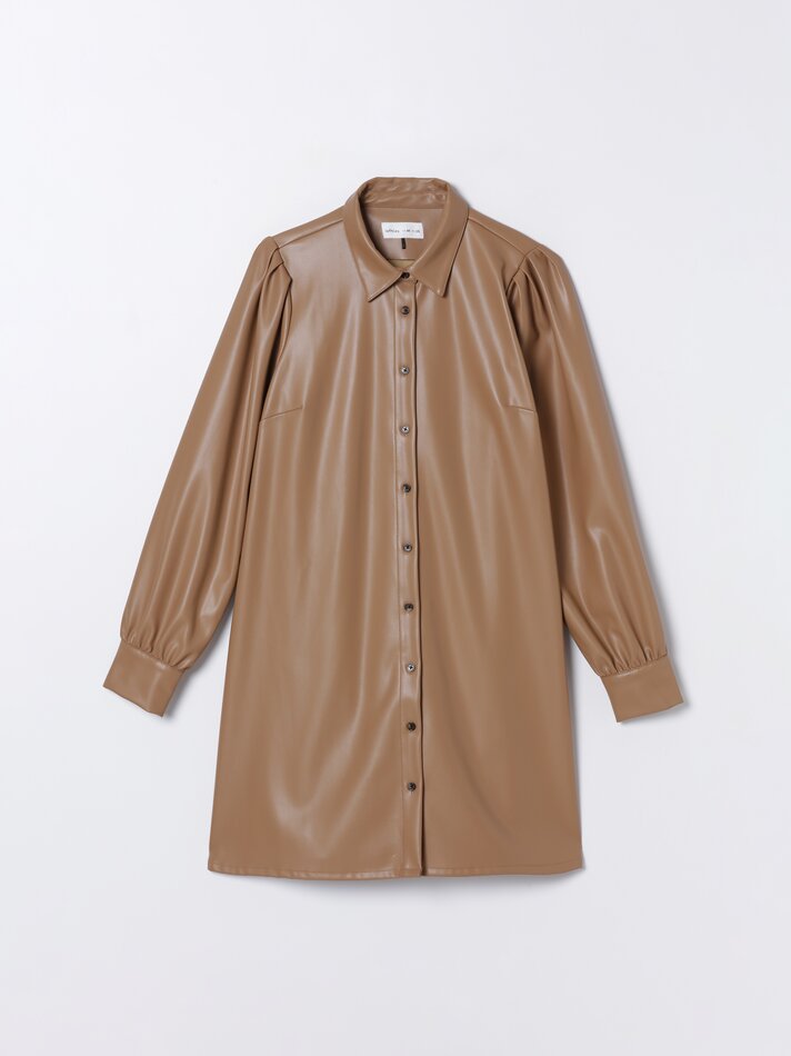 Vestido camisa em couro sintético - Cor camelo, tamanho M