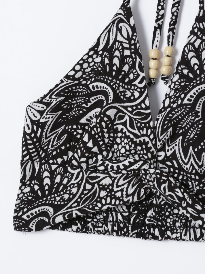 Top cropped em tecido chambray - Preto/branco