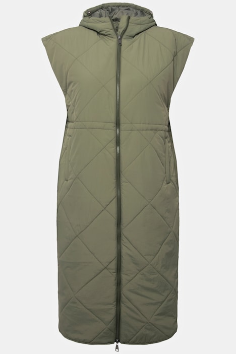 Long-Steppweste, Kapuze, 2-Wege-Zipper, ärmellos