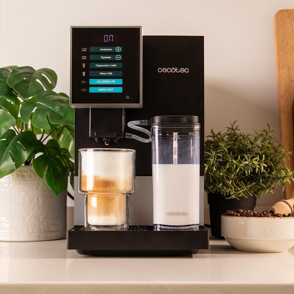 Cecotec Machine à Café Superautomatique Cremmaet Compactccino Black Silver, 19 bars, Réservoir à lait, Système Thermoblock, 5 niveaux de mouture, Réservoir à café 150g