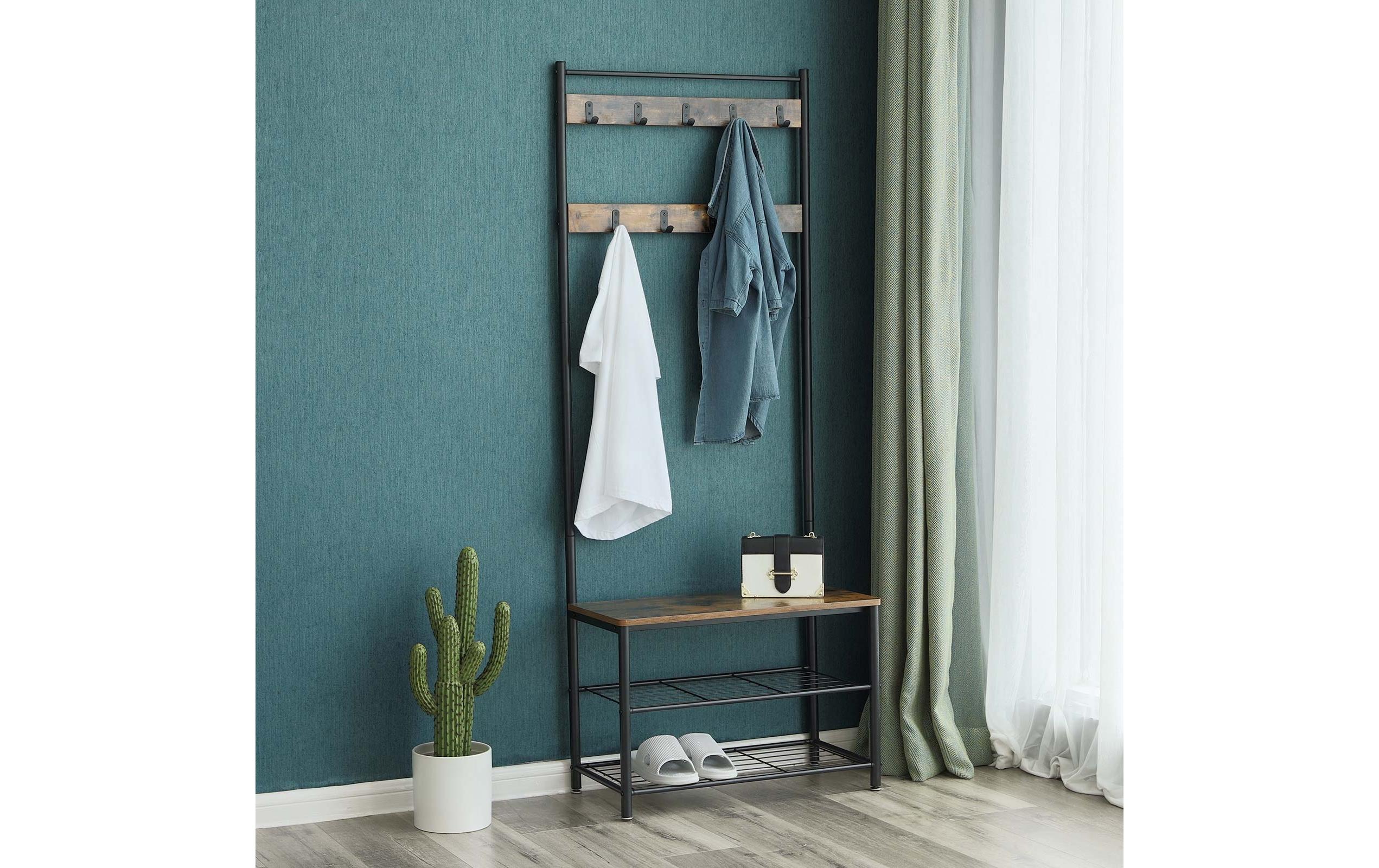 Garderobe mit Schuhablagen 175 cm, Braun/SchwarzKleiderständer mit Sitzbank