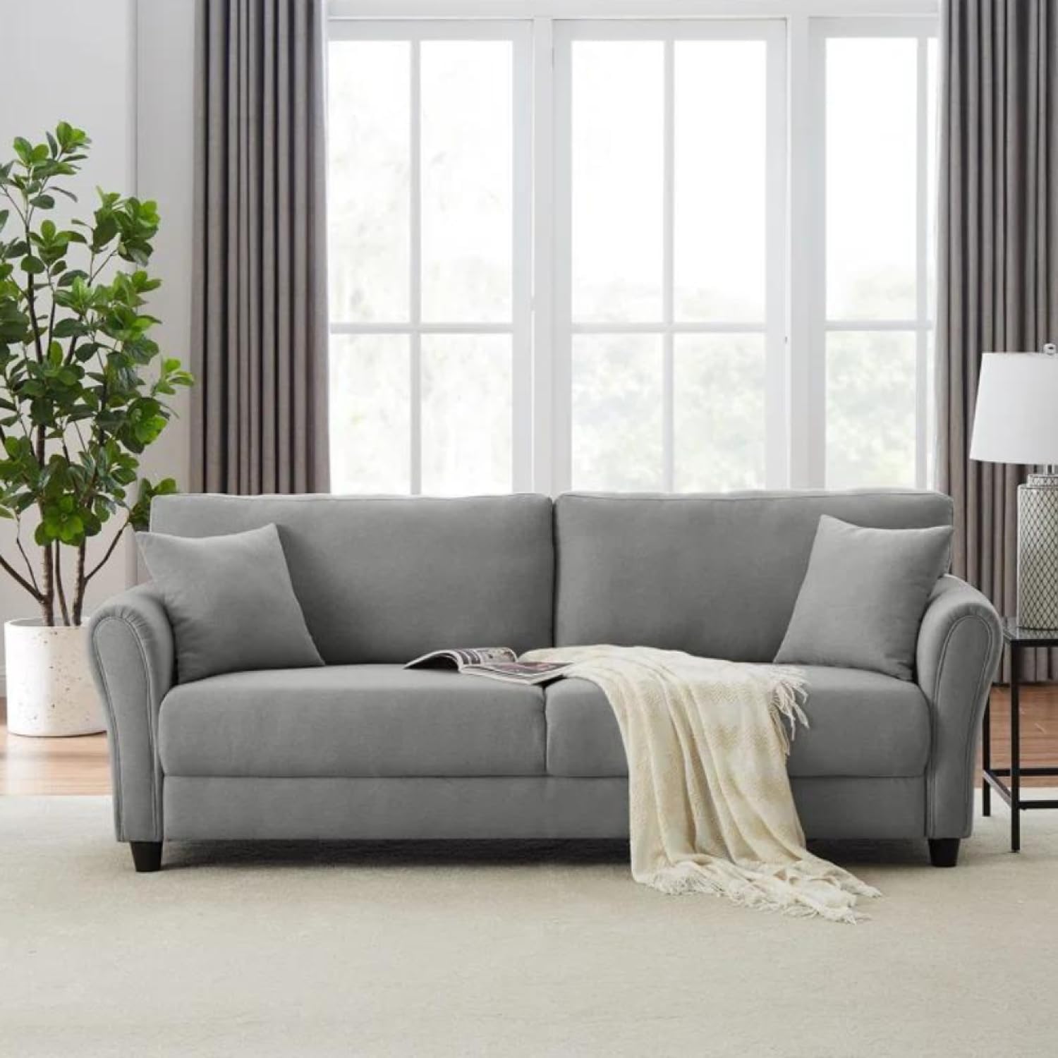 CONCEPT USINE | Canapé Droit en Tissu Effet Lin 4 Places | Lucerne Gris Clair | Design Moderne et Elégant | Confort Luxueux | Coussins Assortis | Dimensions 212 x 78 x 87 cm MY9761650
