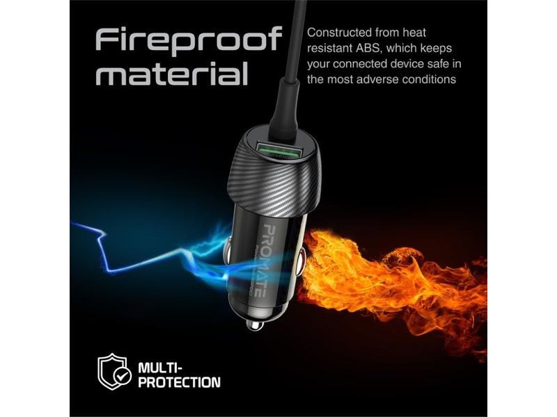 Promate Autoladegerät PowerDrive-33PDCI QC3.0, Car Charger Schnelllade-Adapter mit USB-C und Lightning Spiralkabel