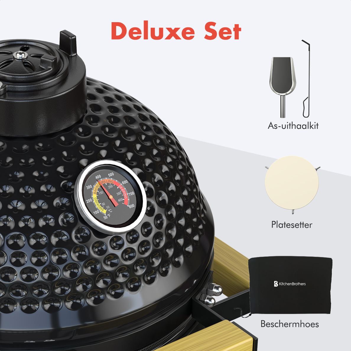 KitchenBrothers 13 Inch Kamado BBQ Deluxe Set - Black