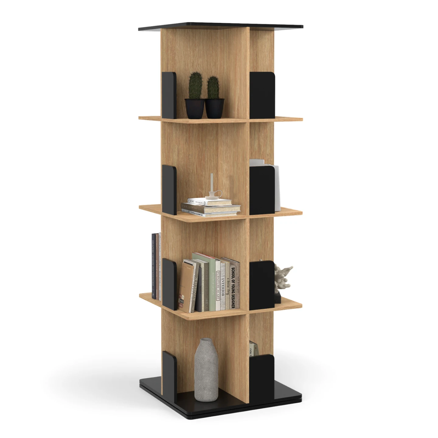 Etagère bibliothèque rotative 4 niveaux RAPHA noir et effet bois
