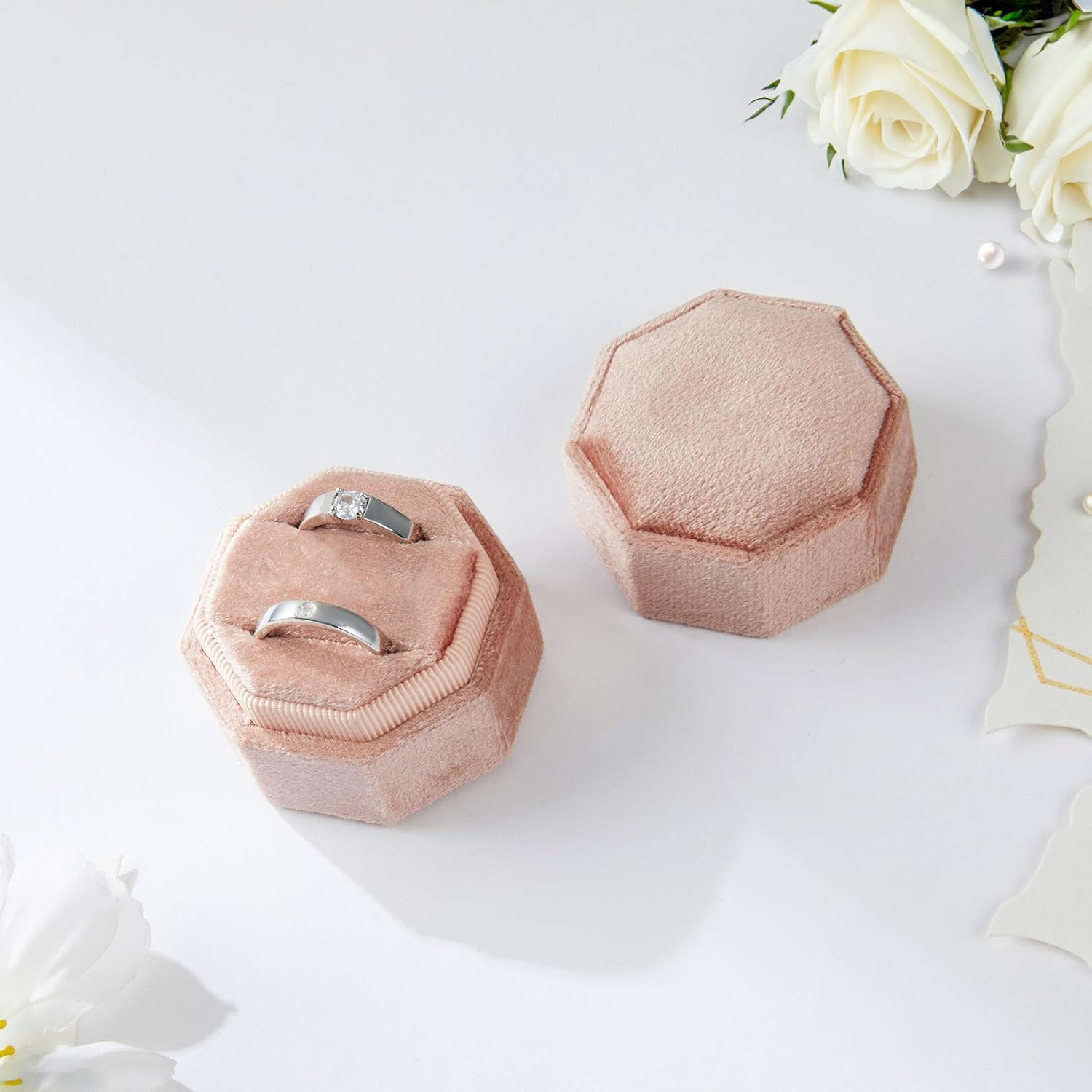 (50mm) Samt Ringschatulle Schmuck Organizer Box für 2 Ringe - Rosa
