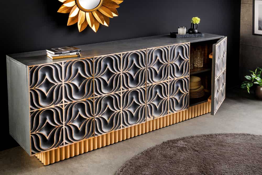 Handgefertigtes Sideboard PIAZZA SAN MARCO 180cm grau gold Mangoholz massiv 3D-Design