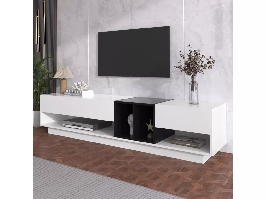 Meuble TV avec 3 tiroirs et 4 niche - Blanc et Noir - Panneaux de particules - 190x34x40cm