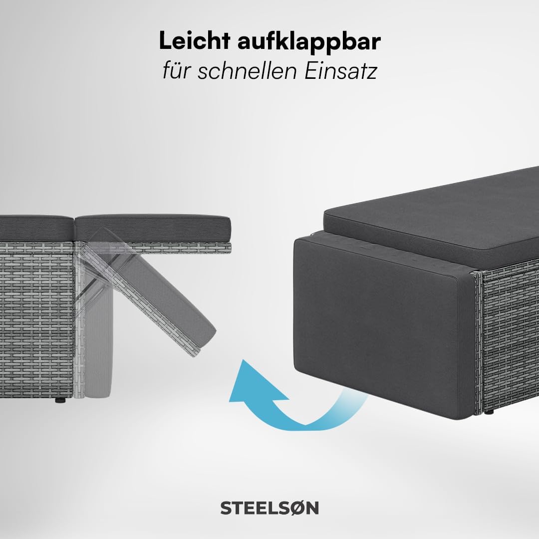 STEELSØN Gartenbank Elnath aus Polyrattan, Gartensofa für 2 Personen mit Liegefunktion und Hocker 2er Sofa mit Polster wetterfest, Terrassenmöbel in grau-meliert/anthrazit 73x65x130 cm (HxTxB)