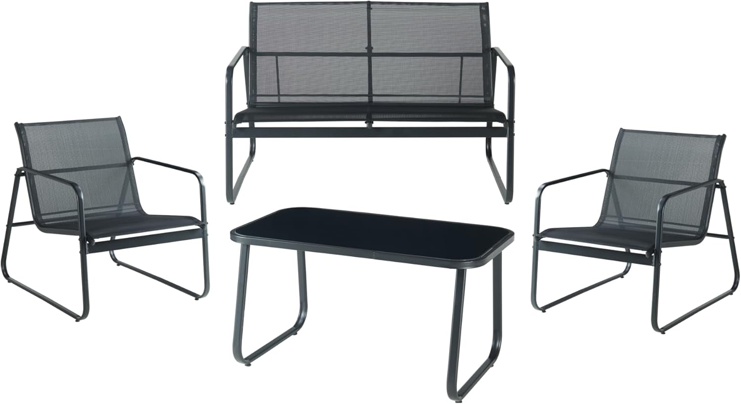 casa.pro Gartenmöbel-Set Anzi 4-TLG. Outdoor Sitzgruppe Schwarz Balkonmöbel Set aus 1 Tisch, 1 Bank, 2 Stühle Terrasse Loungemöbelset wetterfest