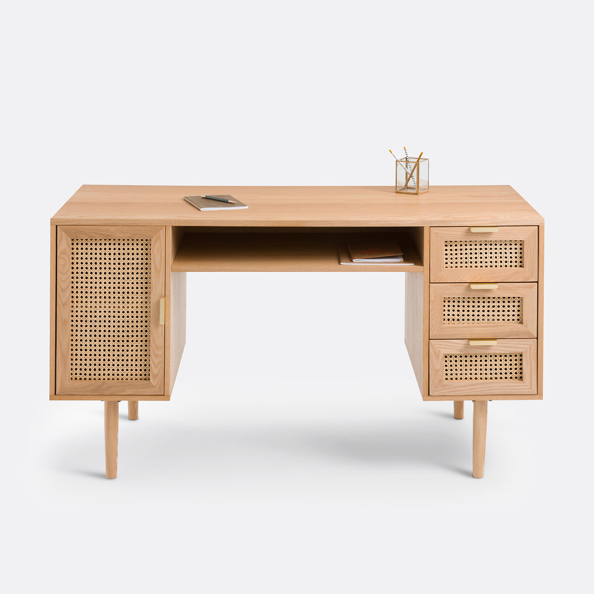 SO'HOME<br>Mesa de escritório dupla em carvalho folheado e rattan, Loris