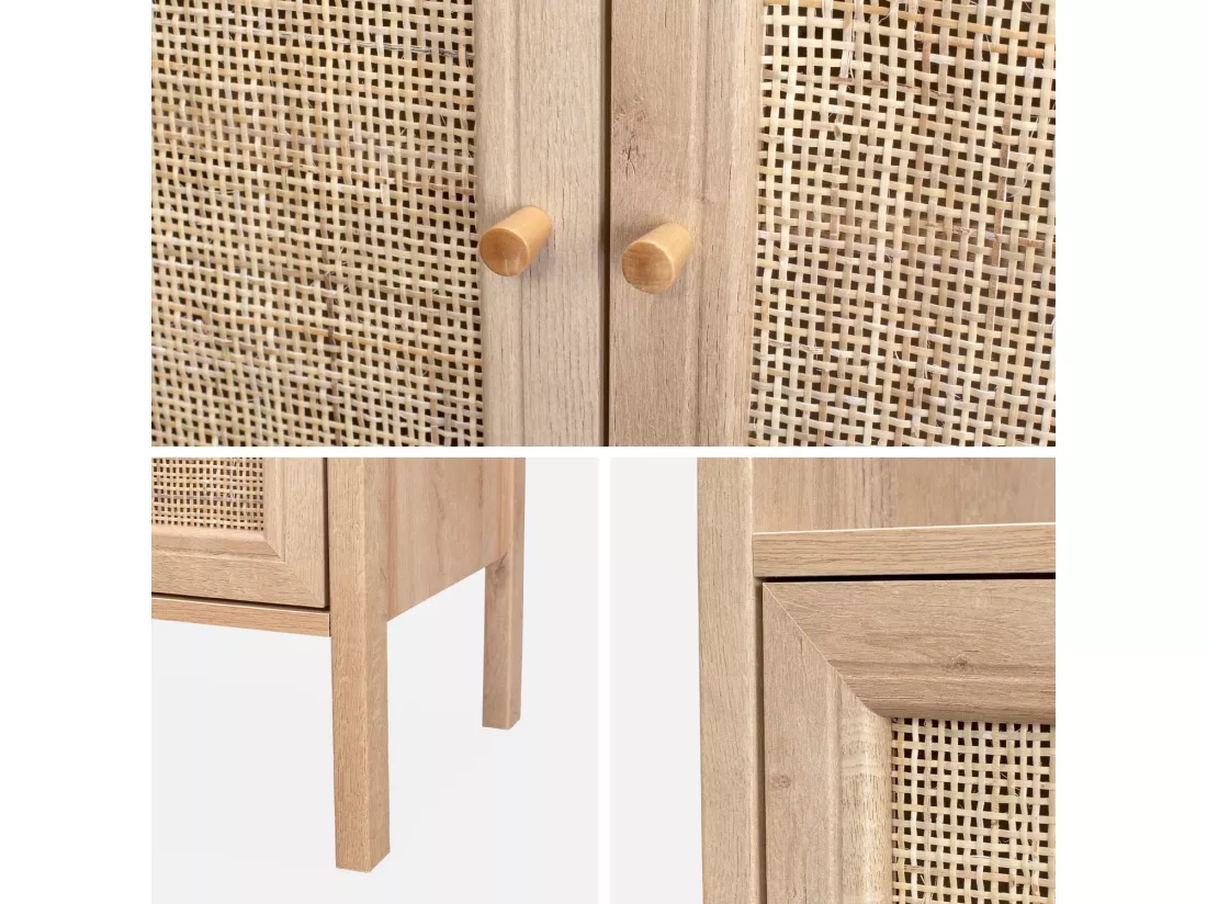 Bibliothèque effet bois et cannage - Bohème - 4 niveaux. 2 portes. 5 étagères