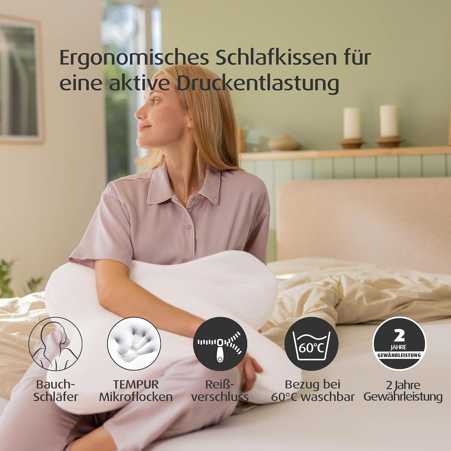 TEMPUR Ombracio Schlafkissen, ergonomisches Bauchschläferkissen in Schmetterlingsform, Liegefühl mittelfest, 60 x 50 x 10 cm, Weiß
