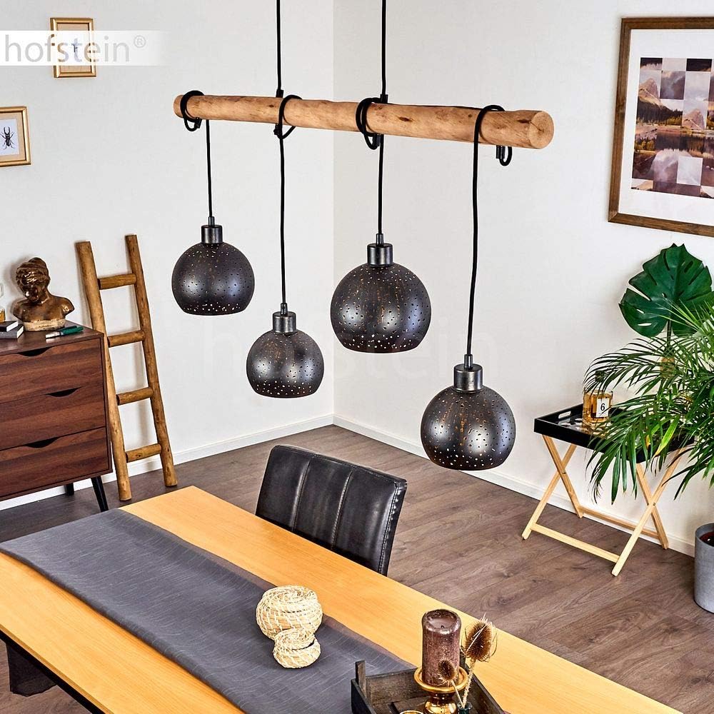 HOFSTEIN Pendelleuchte Imana 4-flammige Deckenlampe aus Metall in schwarz und kupferfarben, Vintage Look, Pendellampe mit Holz in Natur für Esszimmer, Küche, 4 x E27, höhenverstellbar bis max. 120cm