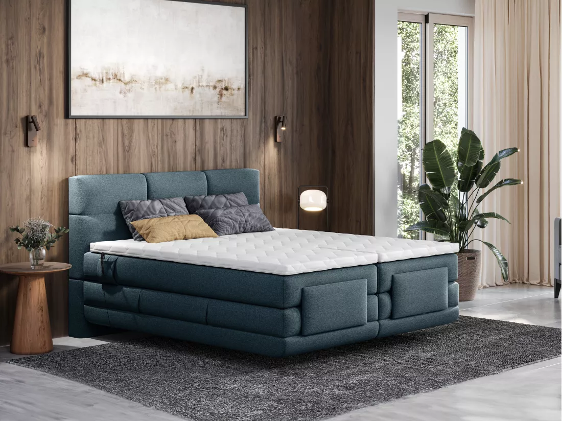 Ensemble complet boxspring tête de lit capitonnée + sommiers relaxation électrique + matelas + surmatelas - 2 x 80 x 200 cm - Tissu - Bleu - LODI de PALACIO