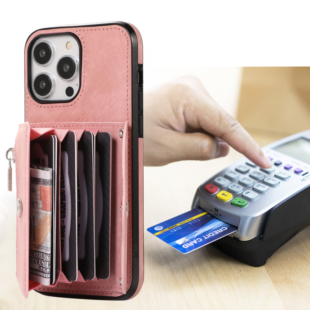 iPhone 14 Pro Max Necklace Leder Schutz Hülle mit Kartenfächer   Handykette (RFID Schutz) - Rosa