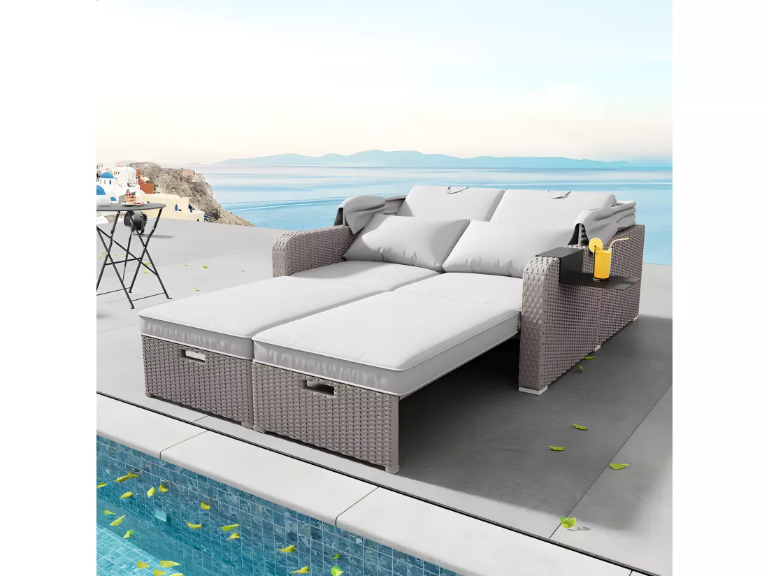 Salon de jardin extensible - Canapé lounge en rotin PE avec auvent réglable - structure en acier - Taupe