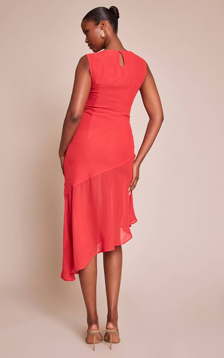 Rouge Robe Midi Asymétrique En Mousseline Col Bateau