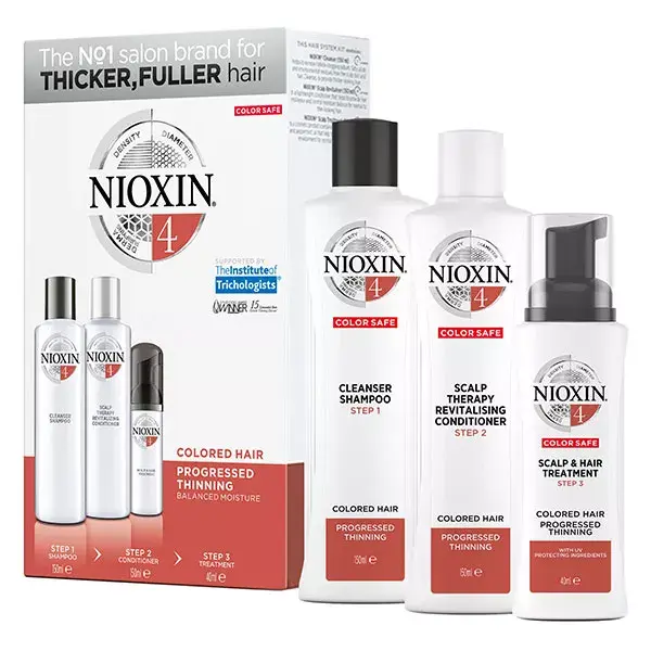 Kit Nioxin de 3 partes para cabelos muito finos e coloridos.