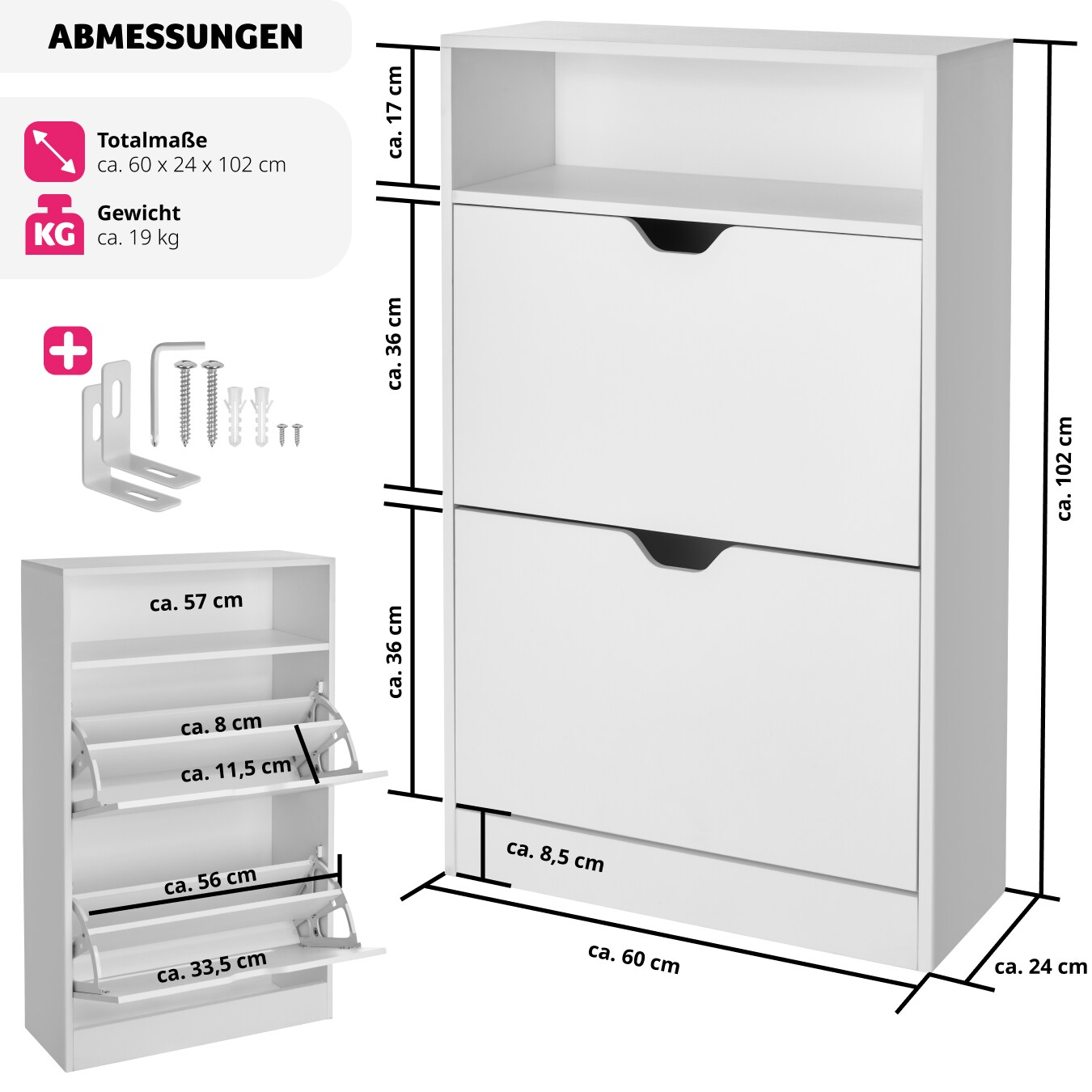 tectake® Schuhschrank, für 12 Paar Schuhe, zuverlässiger Kippschutz, 60 x 24 x 102 cm