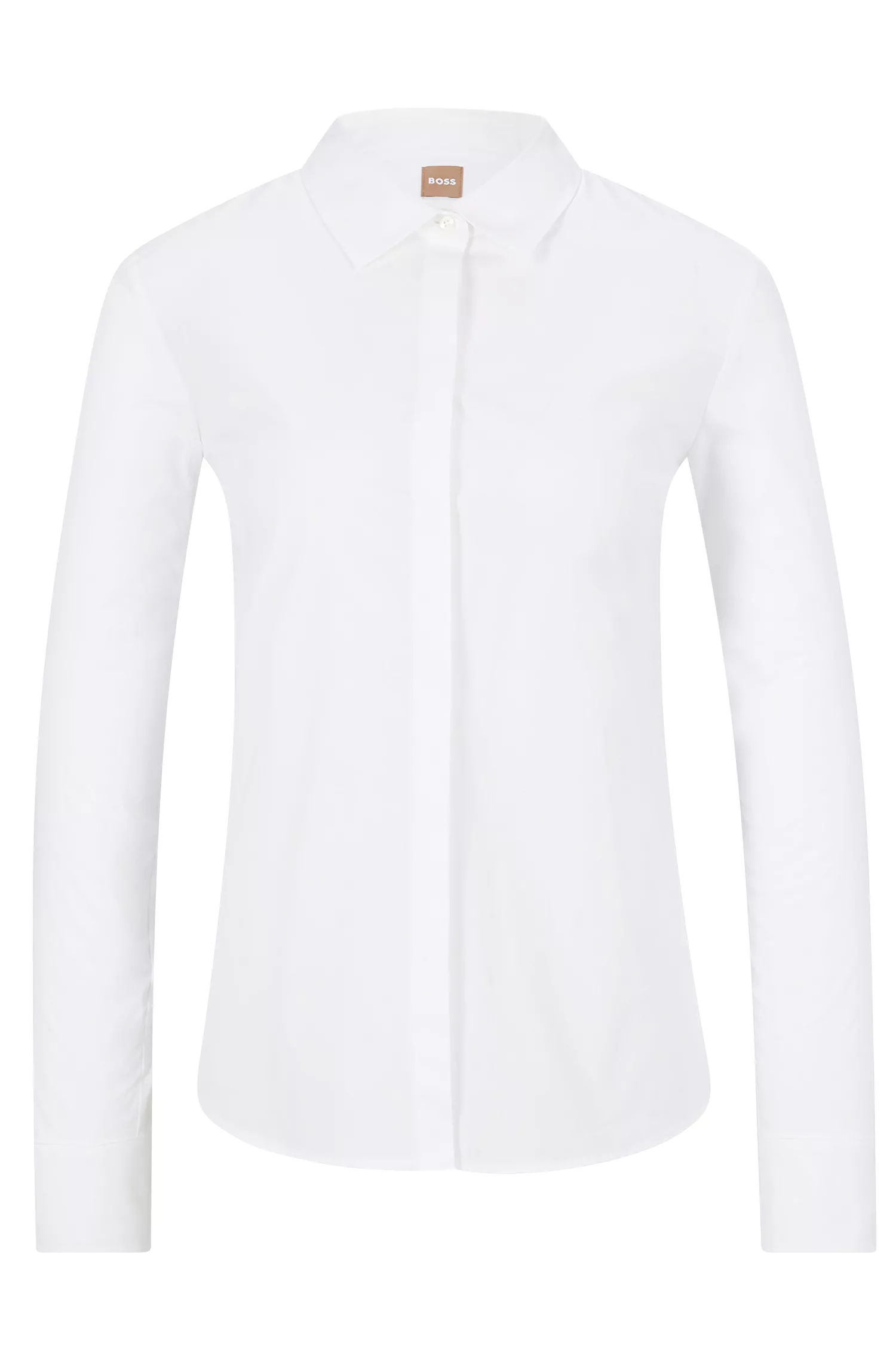 Blusa BOSS preta de corte regular em popeline de algodão elástico.