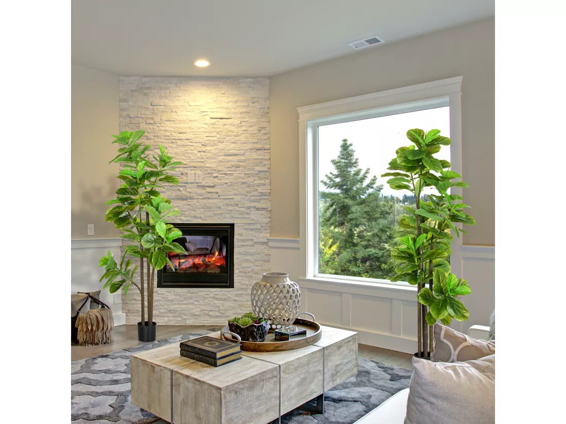 Ficus Lutea artificiels 1,80H m - lot de 2 ficus artificiels - 120 feuilles réalistes par pied - pot inclus noir vert