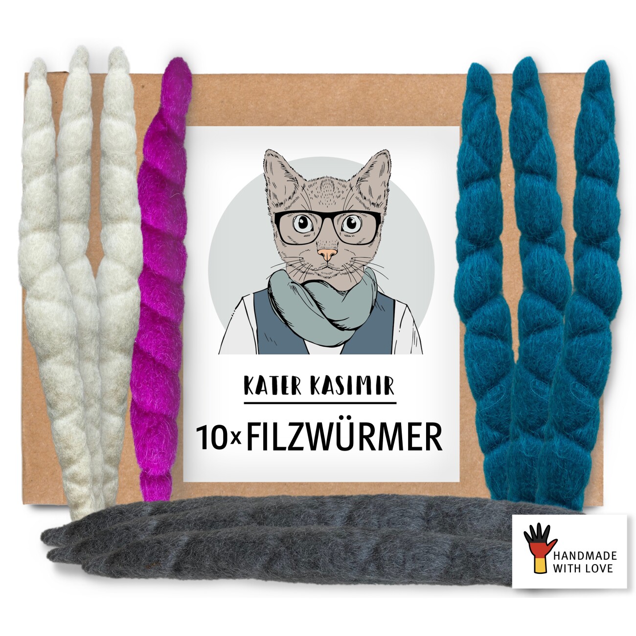 Kater Kasimir 10 Filzwürmer, handgerollt aus echtem Wollfilz (Sparpack)