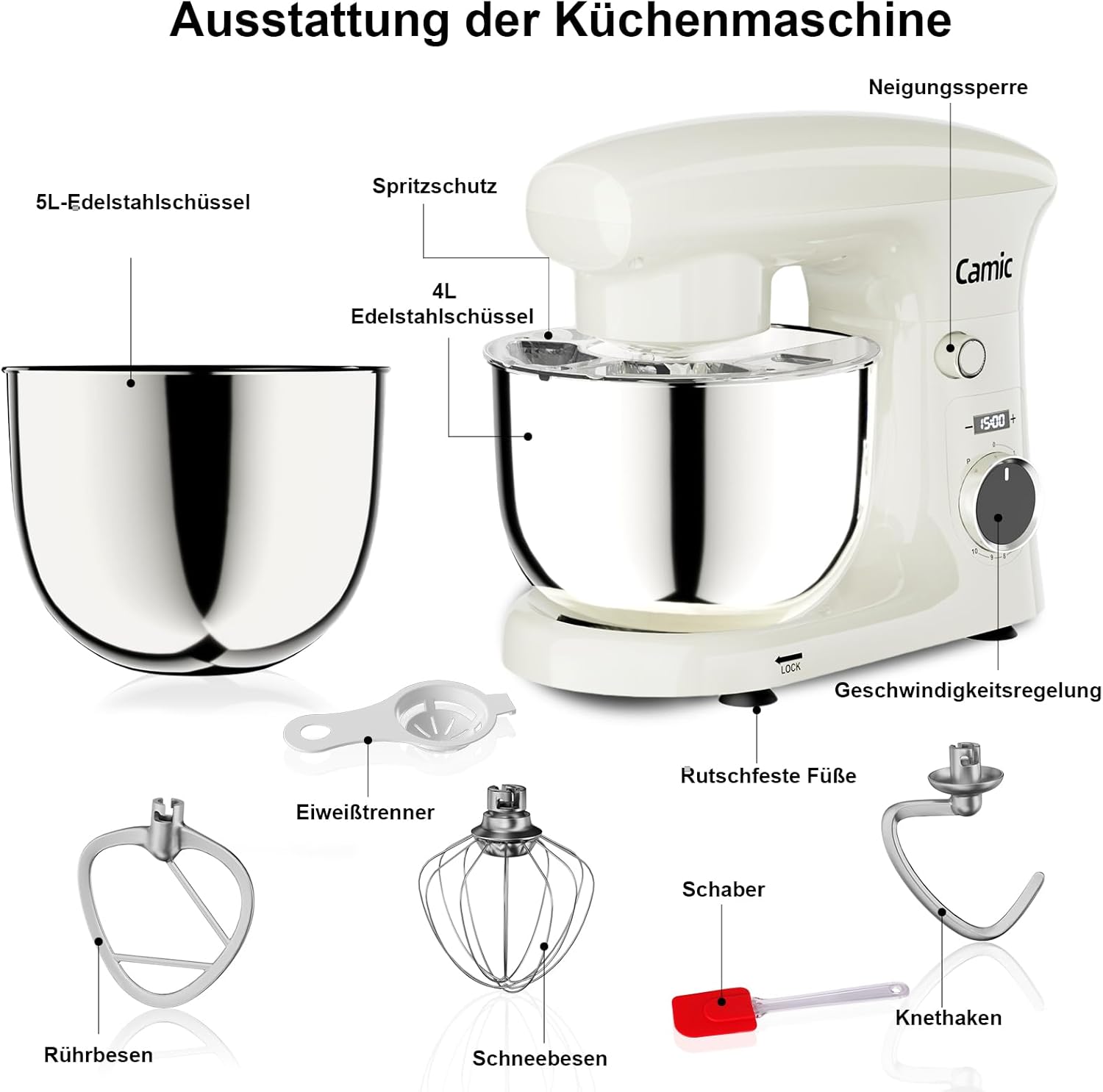 Camic Küchenmaschine mit 3 Zubehörteilen (Knet, Rühr, Schneebesen), Teigmaschine mit LED-Display, Zeit einstellen, 10 Geschwindigkeitsstufen, 2 Edelstahlschüsseln 4L+5L, für Teig, Brot, Pizza, Kuchen