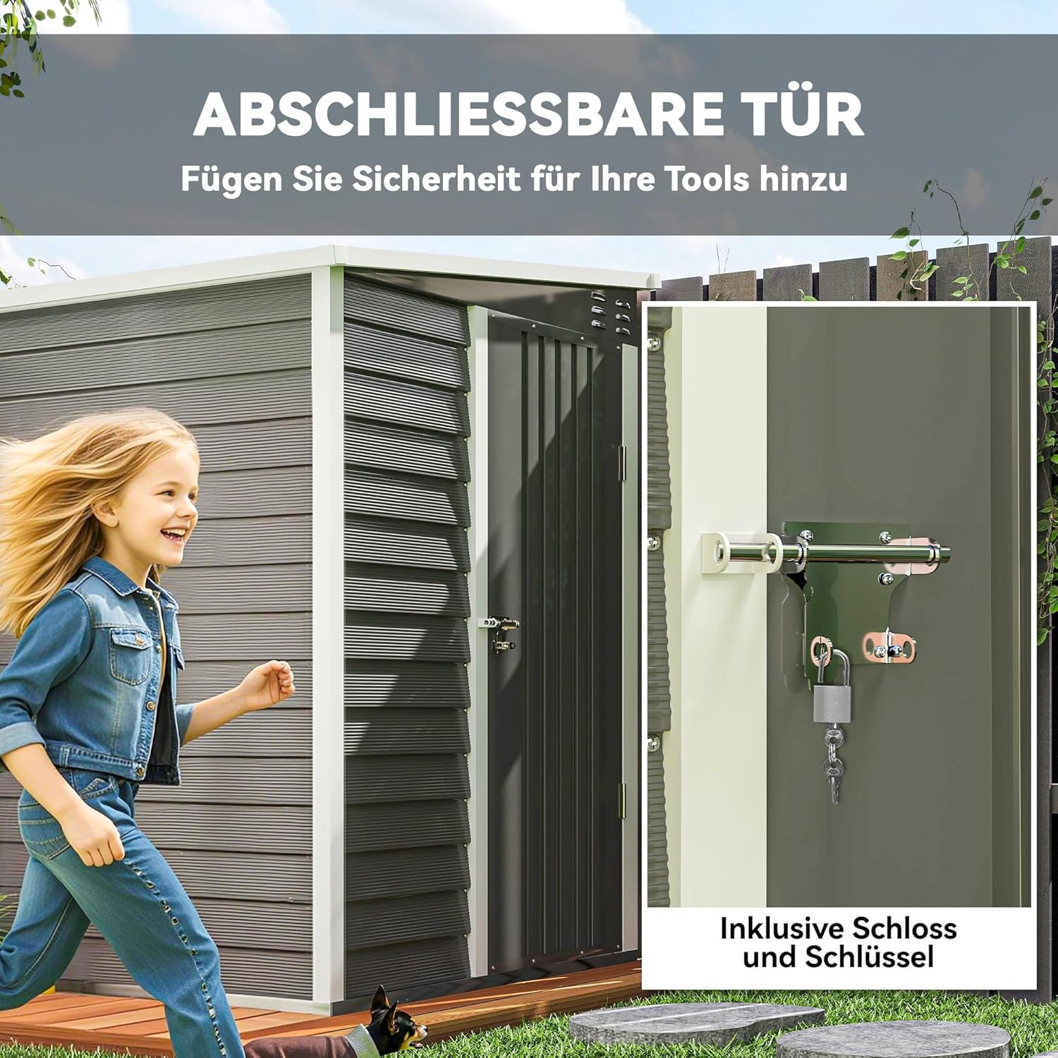 Outsunny Metall Gerätehaus 142x184x181cm 2,3m² Gartenhaus mit Pultdach Handschuhe Fundament wetterfest Outdoor Garten Schuppen mit Schloss Fenster Geräteschuppen für Hinterhof Garten Hellgrau