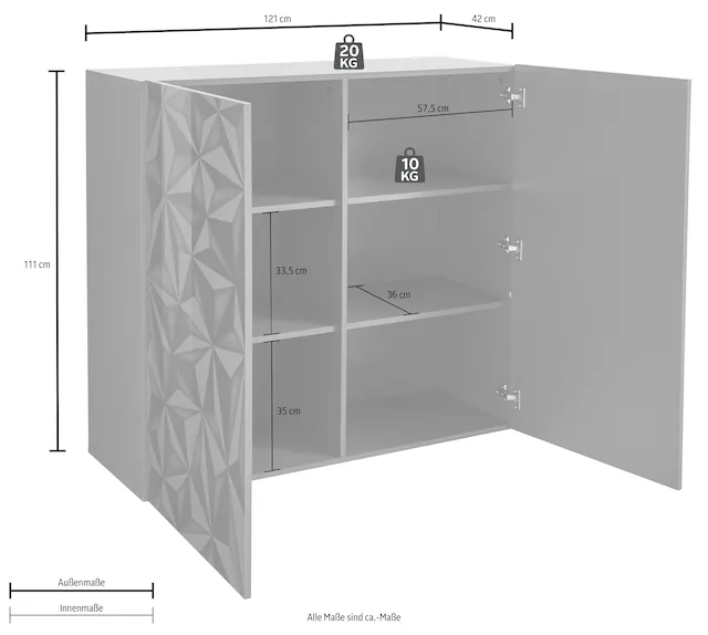 INOSIGN Highboard »Prisma Höhe 111 cm, Breite 121 cm, Kommode 2 Türen, Hochkommode« Front mit elegantem Siebdruck, grifflos, viel Stauraum