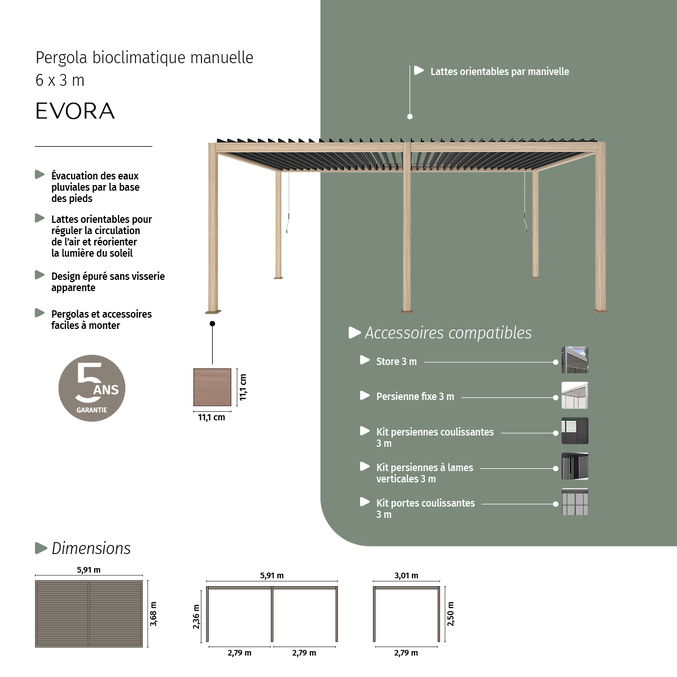 Pergola bioclimatique manuelle EVORA Effet bois Honey