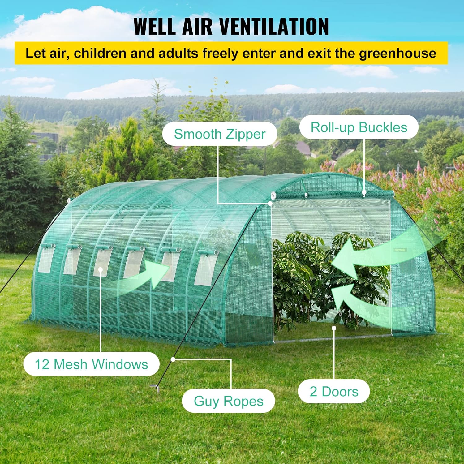 VEVOR Bogendach Gewächshaus 6,1x3x2,1m Foliengewächshaus Verzinkter Stahlrahmen und PE Abdeckplane Treibhaus Tunnel Wasserdicht und UV-beständig Tomatengewächshaus Ideal für Anbau von Gemüse Blumen