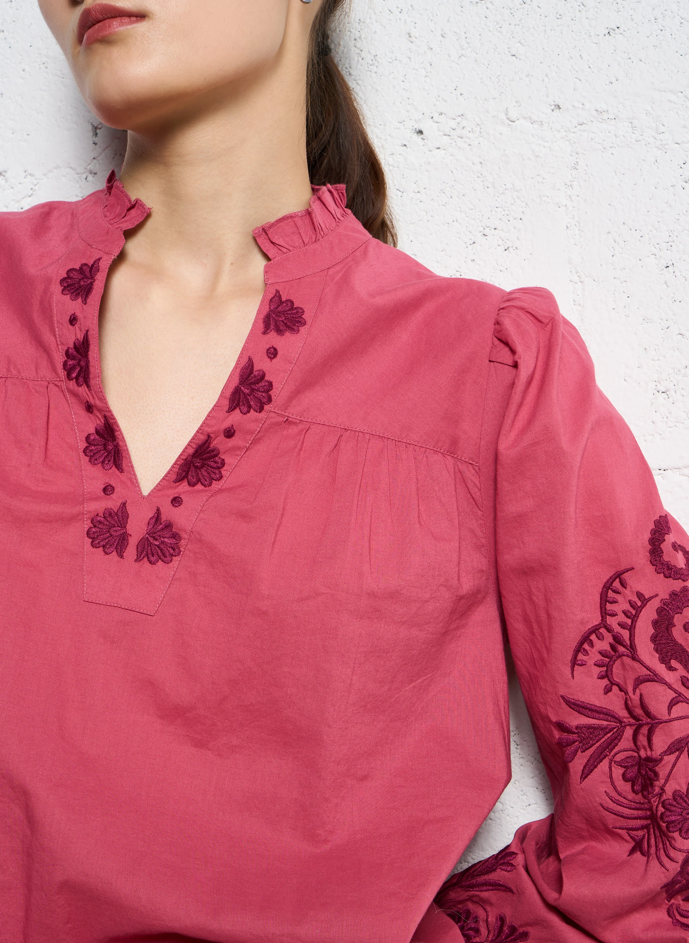 TEFITIS - Blouse col V ample en coton brodé | Rose