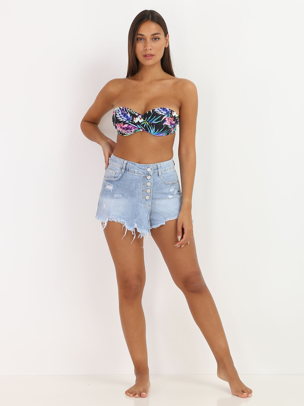Jupe short en jeans destroy- Bleu clair