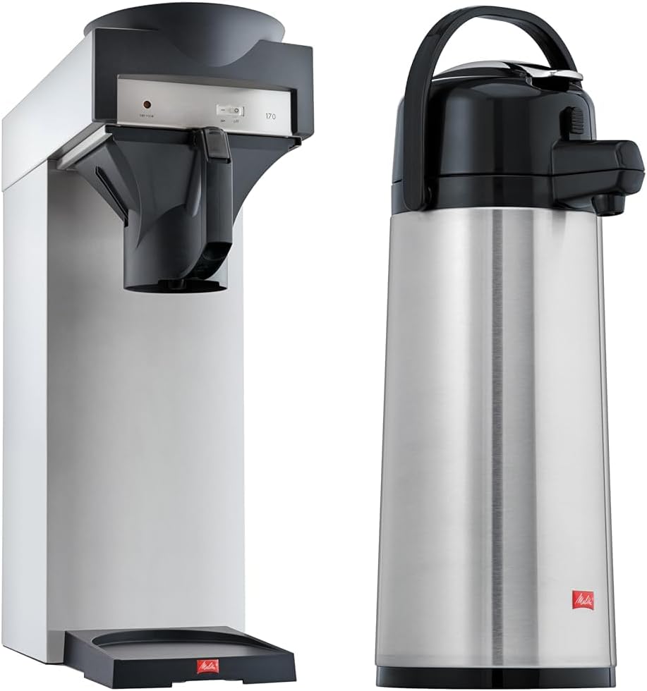 Melitta Filterkaffeemaschine für Isolierkannen, 170 MT, Edelstahl/Schwarz & Pump-Isolierkanne, 2,2 l, ca. 18 Tassen, Edelstahlkolben, Edelstahl, Silber/Schwarz