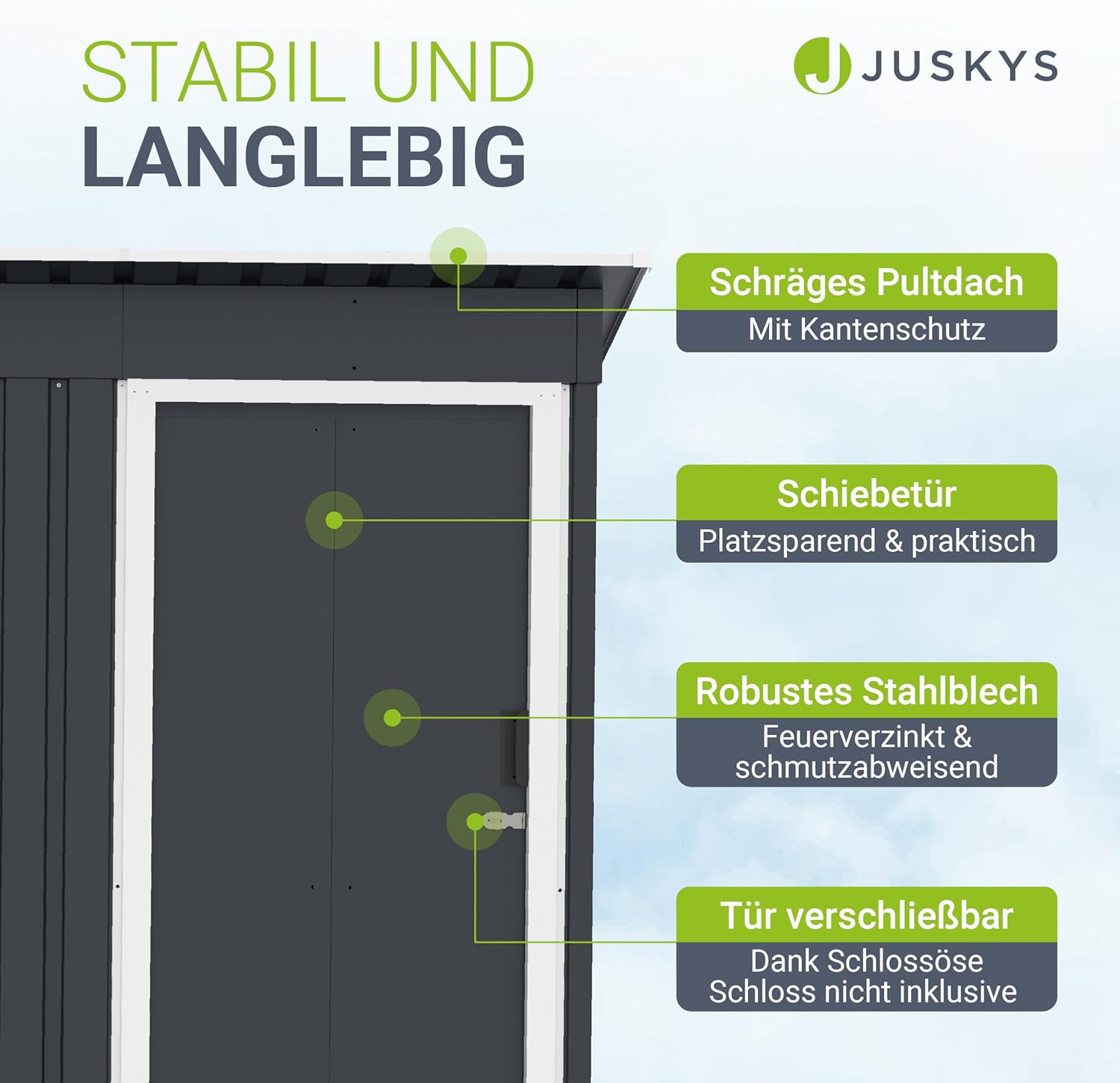 Juskys Metall Gerätehaus S mit 1 m², Pultdach, Schiebetür & Fundamentrahmen - 161 x 86 x 181 cm Geräteschuppen Gartenhaus Schuppen klein - Anthrazit