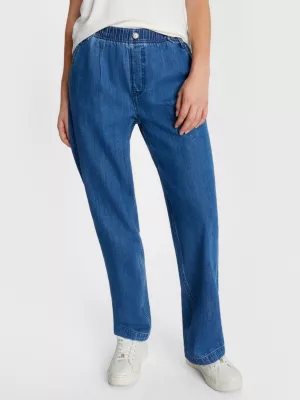 Calça jeans reta e relaxada de cintura alta adaptável
