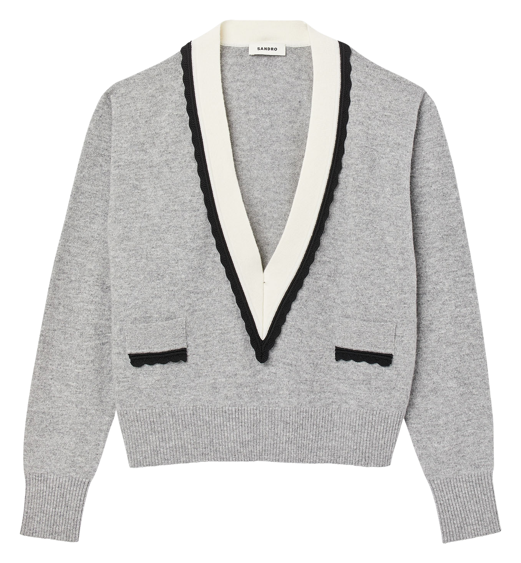 Pull col V contrasté en laine mélangée| Gris