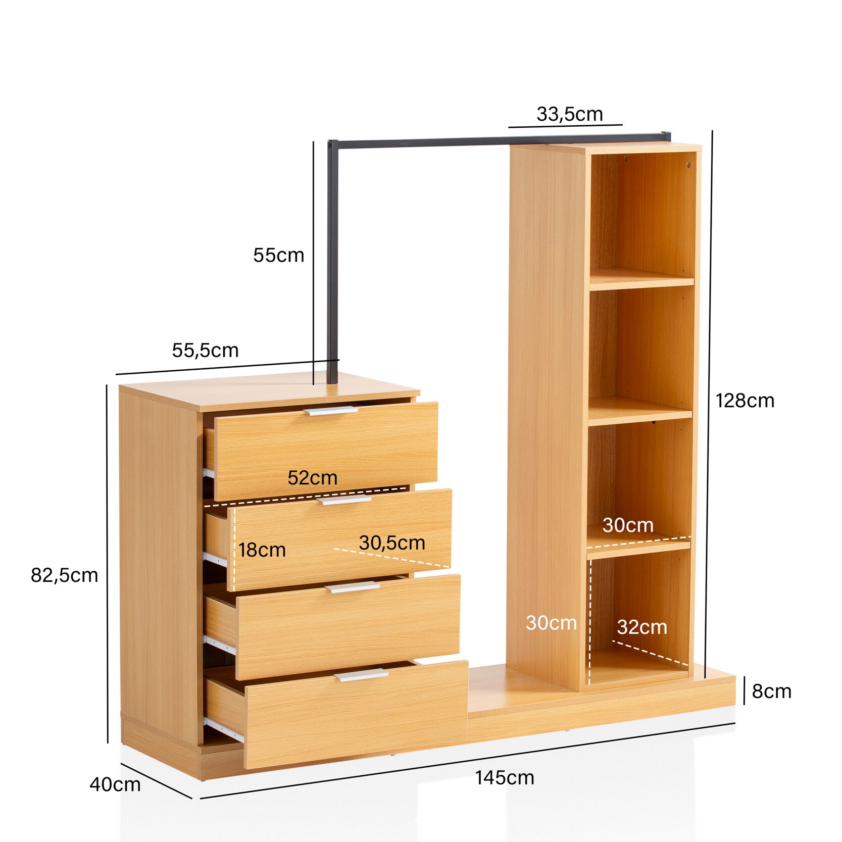 Garderobe FineBuy Kleiderschrank Eiche 145 cm Schubläden Regal Kleiderstange