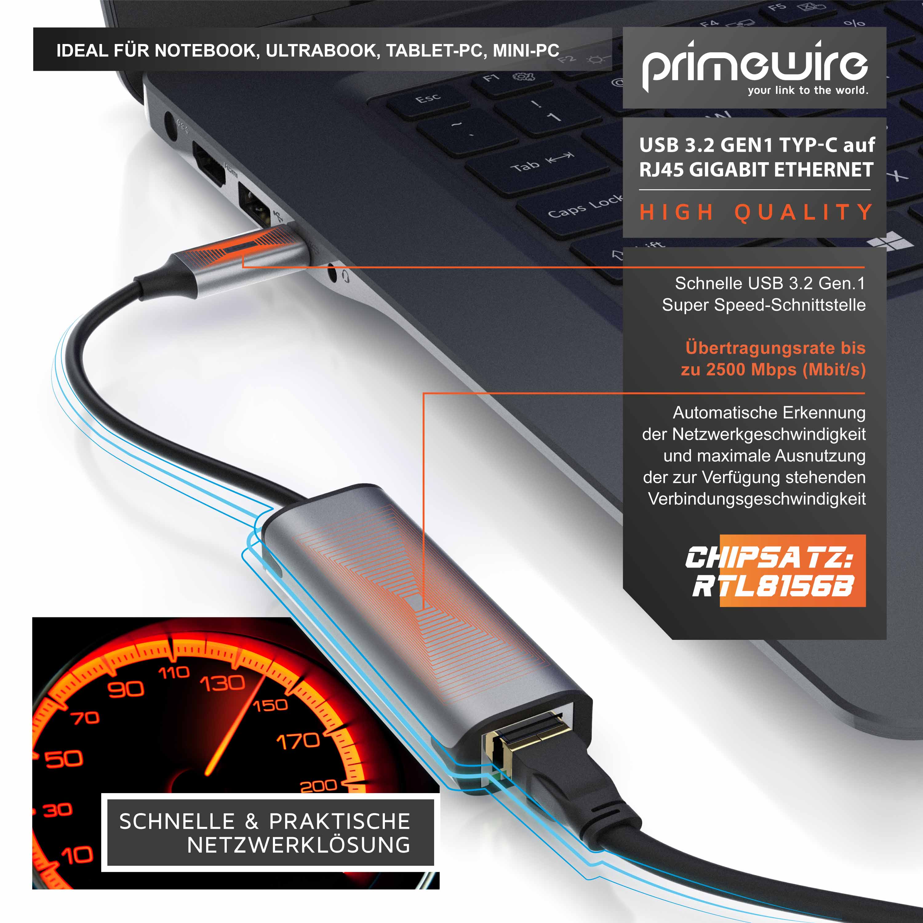 Primewire Netzwerkadapter USB 3.2 Typ C auf RJ45 Buchse LAN Adapter mit USB Typ C