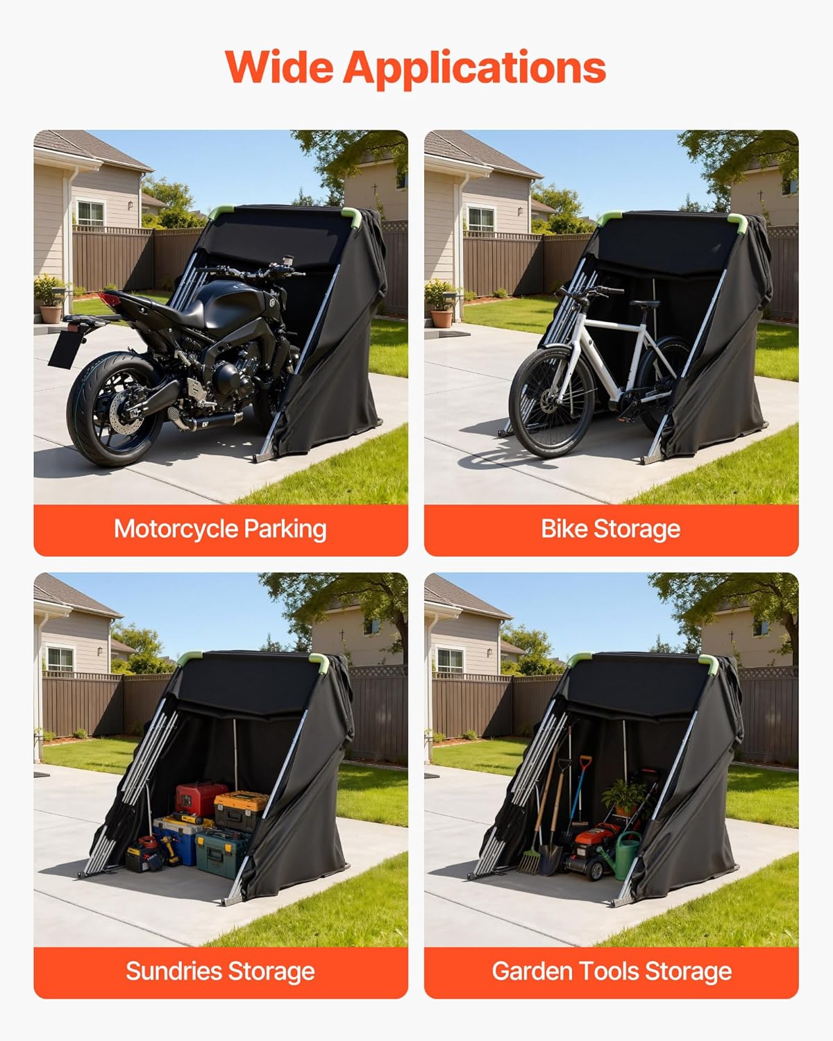 VEVOR Motorrad Zeltgarage, Motorrad Abdeckplane 2790x1095x1600 mm, Motorradgarage mit Sicherheitsschloss, 600D Oxford-Klappzelt, Allwetter-Motorradabdeckung mit Belüftungsfenstern, Schwarz