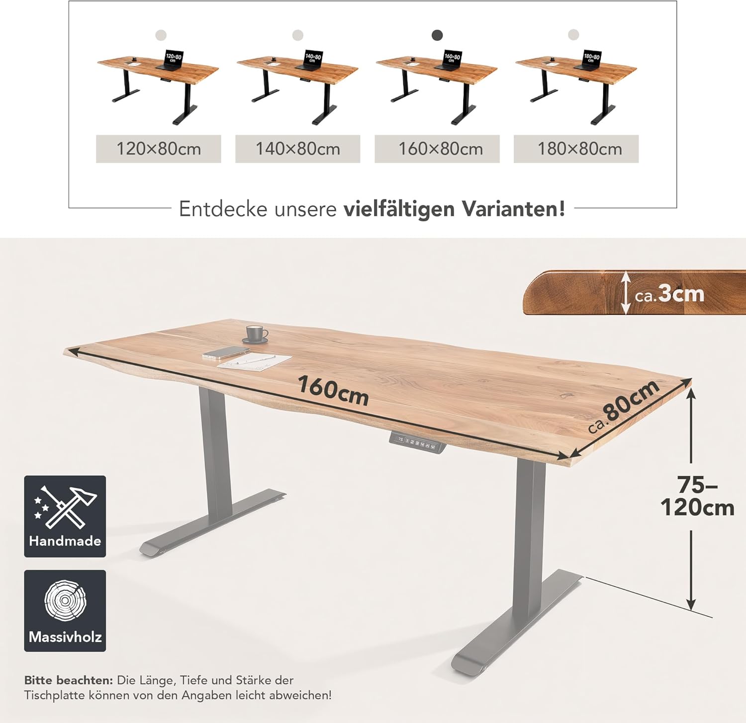 Riess Ambiente Höhenverstellbarer Schreibtisch Mammut - 160cm - Natur schwarz - Akazie Massivholz - elektrisch Baumkante