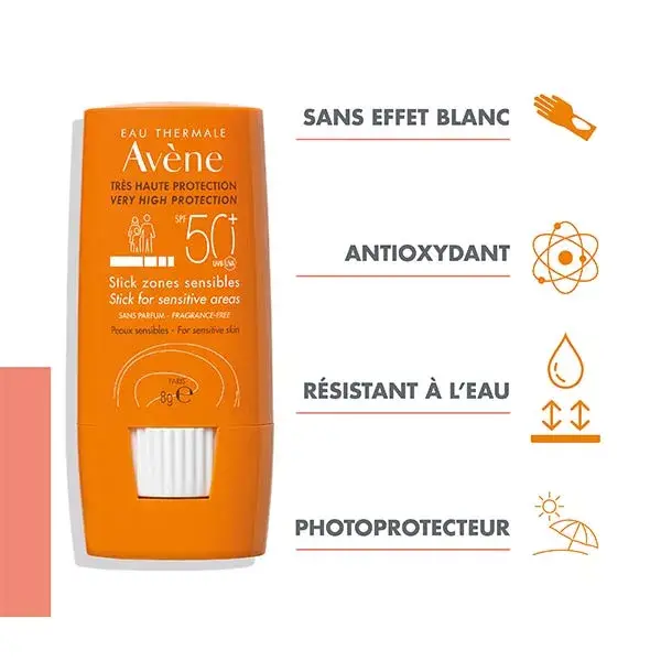 Protetor solar em bastão Avène para áreas sensíveis FPS 50+ 8g
