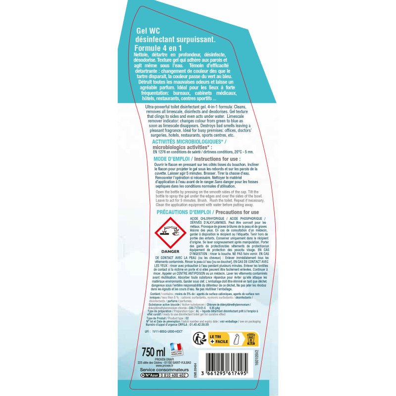 Gel WC désinfectant surpuissant 4 en 1 Wyritol - Flacon de 750 ml