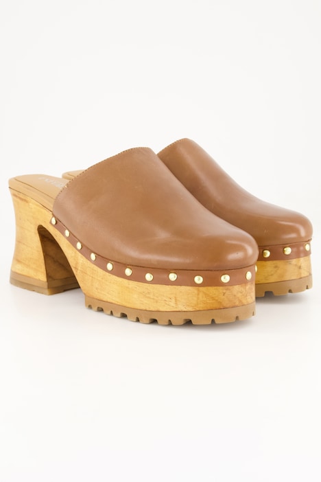 Leder-Clogs, echtes Leder, goldene Nieten, Plateausohle, Weite H