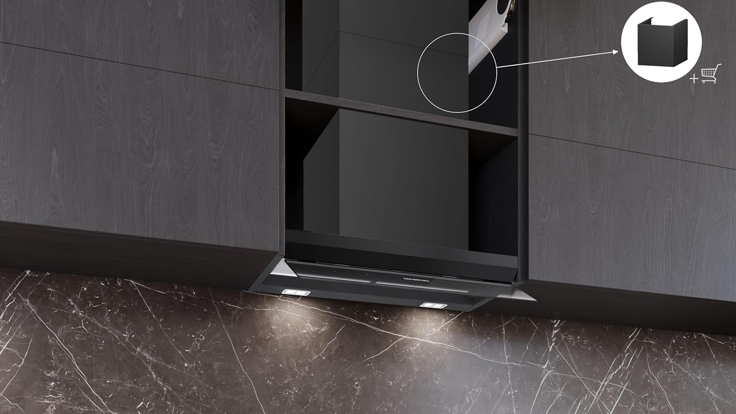 Siemens LJ67BDP60 iQ500, Integrierte Designhaube, 60 cm, Made in Germany, Nahtlose Integration, iQdrive Motor, Intelligente Dunstabzugsautomatik, Glasschirm, Klarglas schwarz bedruckt, Mattschwarz