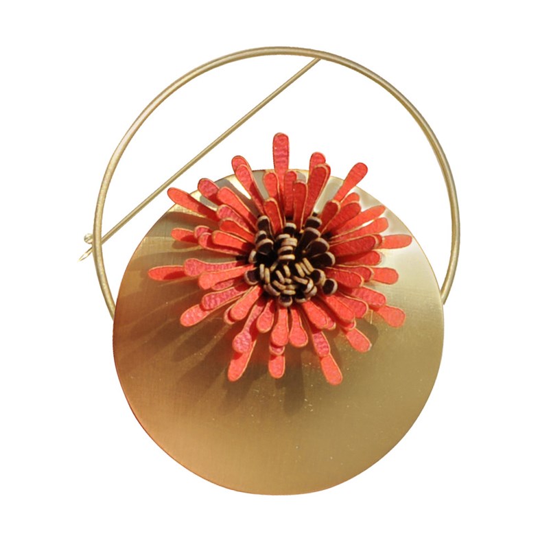 Broche Laiton Anneau Capsule et Anémone en Cuir