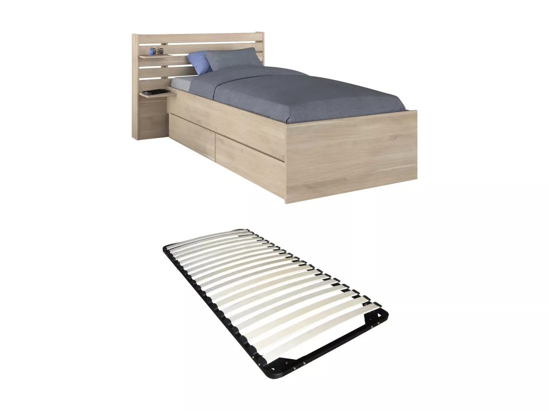 Lit 90 x 190/200 cm avec rangements - Coloris : Naturel + Sommier - TENALIA