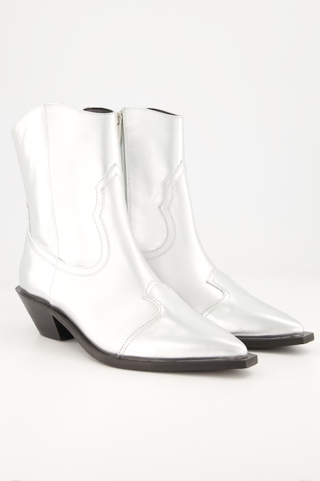 Cowboy Leder-Stiefeletten, Silber, Zipper, Weite H