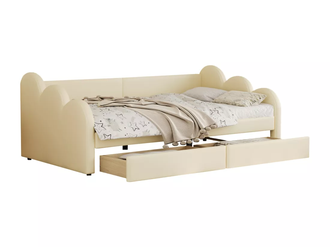 Lit banquette rembourré en similicuir 90x200cm - avec 2 tiroirs - Beige